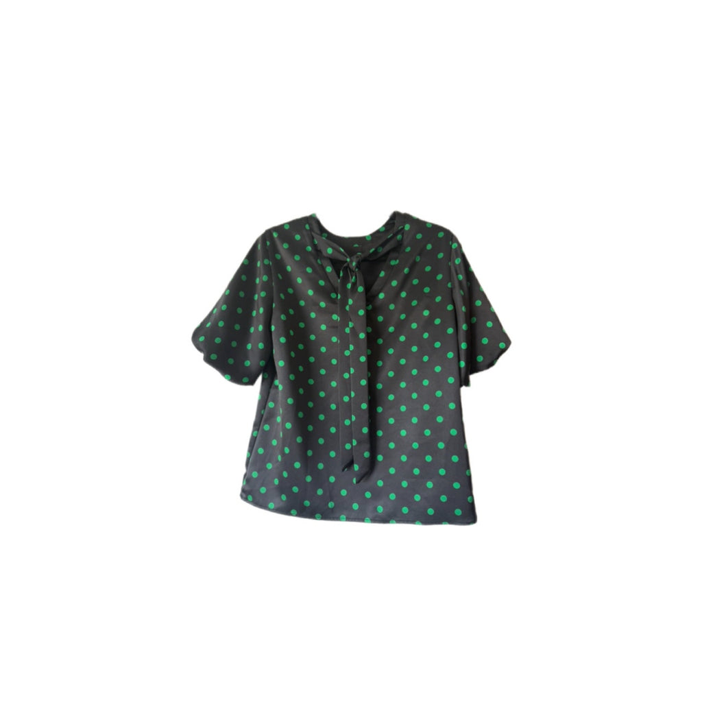 FLORA BEA Shelly Top Black Narrow Avenue Pola Dot Satin Blouse NWT SMALL