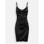 LOEMES Black Satin Cowl Neck Mini Dress NWOT LARGE