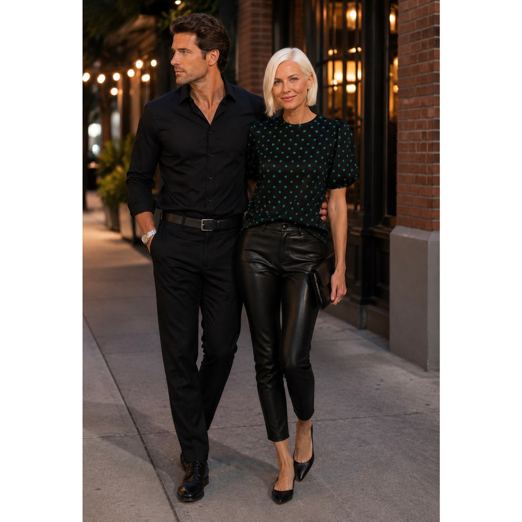 FLORA BEA Shelly Top Black Narrow Avenue Pola Dot Satin Blouse NWT SMALL