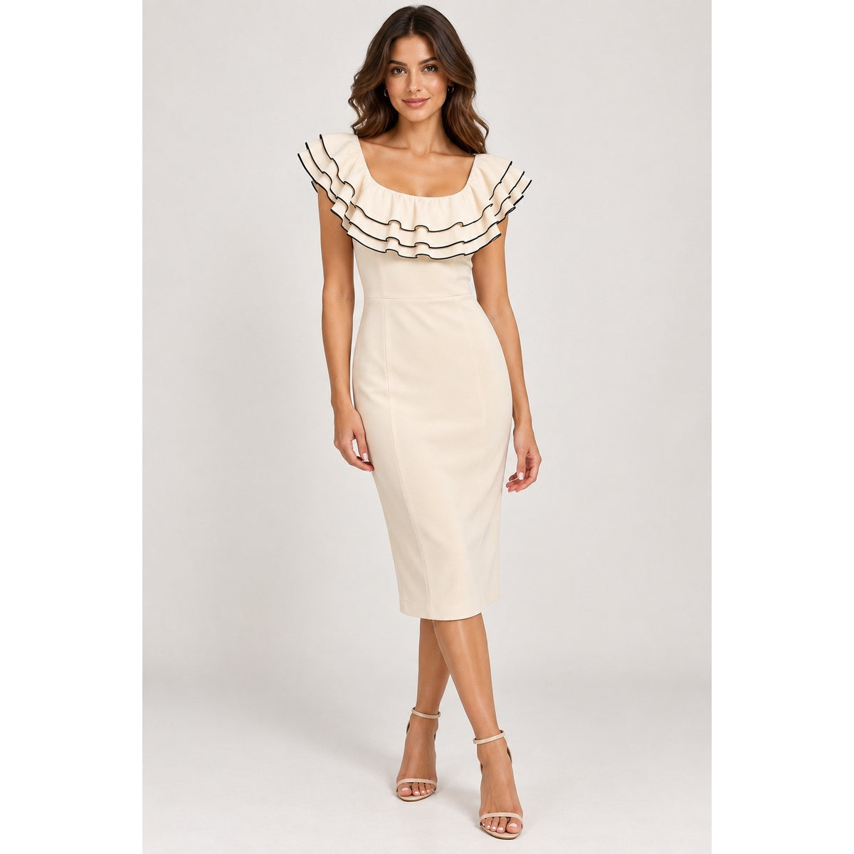 THE ROOM Anthropologie Cream Bodycon Ruffle Dress NWT Size LARGE